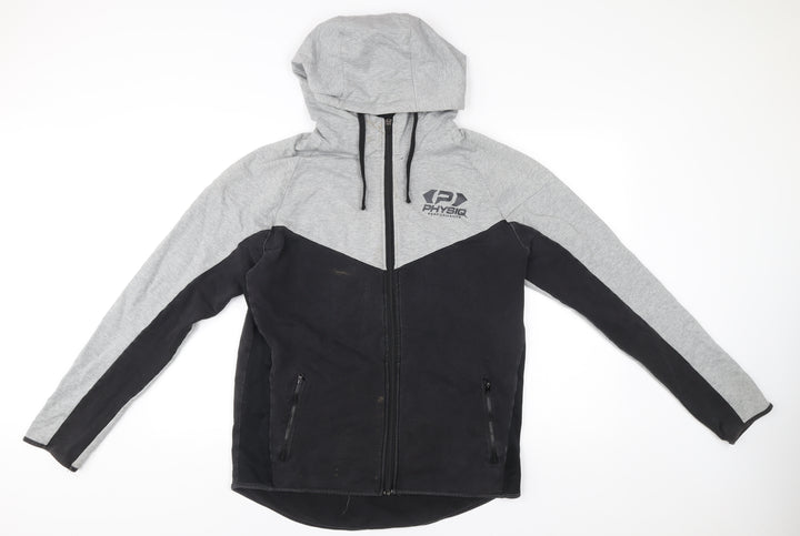 Physiq Apparel Mens Grey Black Full Zip Hoodie Size L Slim Fit Sports