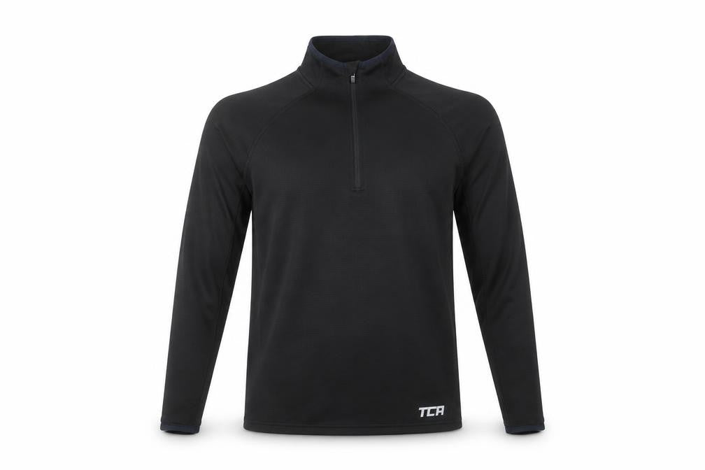Front view of TCA men’s black small 1/4 zip sweatshirt mock neck athletic fit