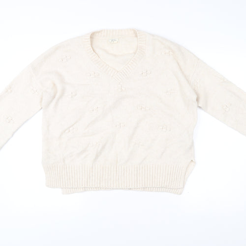 Fat Face Womens Beige Knit V-Neck Jumper Size 12 Long Sleeve Pullover