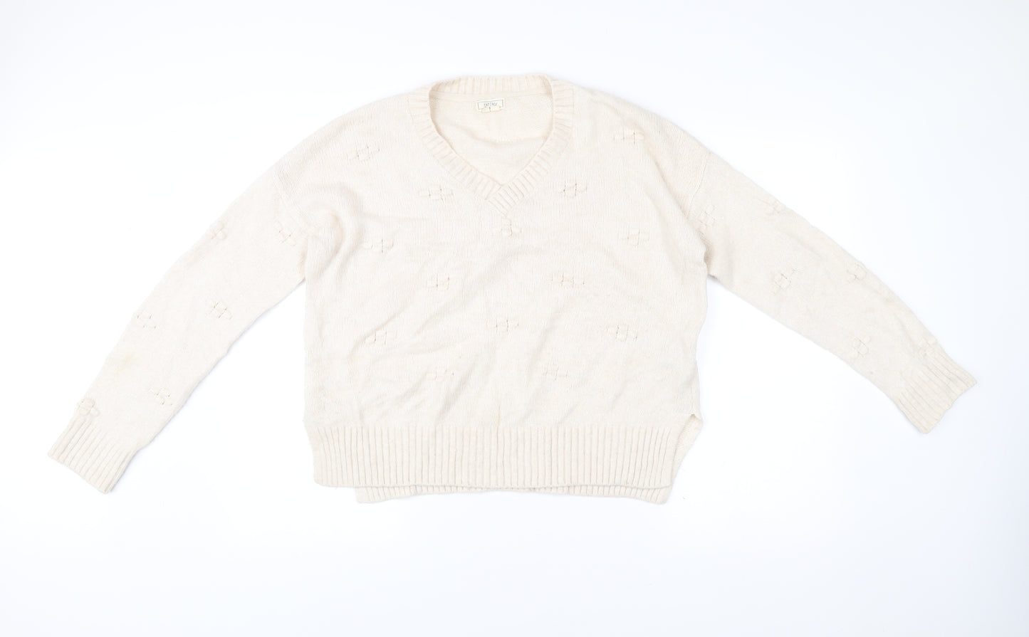 Fat Face Womens Beige Knit V-Neck Jumper Size 12 Long Sleeve Pullover