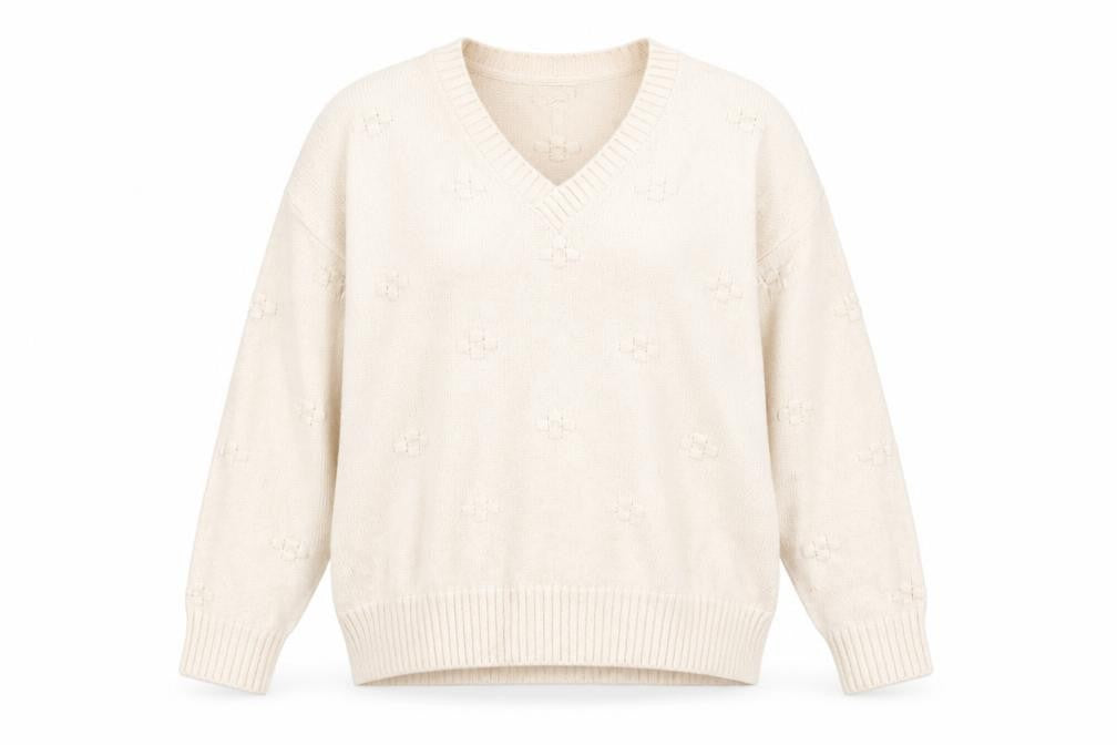 Front view of FatFace women’s beige knit v-neck jumper, size UK 12, long sleeve pullover