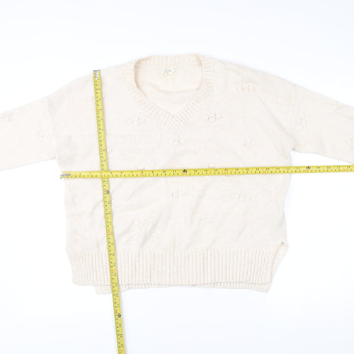 Fat Face Womens Beige Knit V-Neck Jumper Size 12 Long Sleeve Pullover