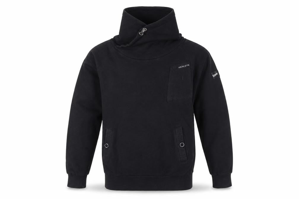 Front view of Henleys Men’s Black Pullover Hoodie, size L, High Neck Logo Print