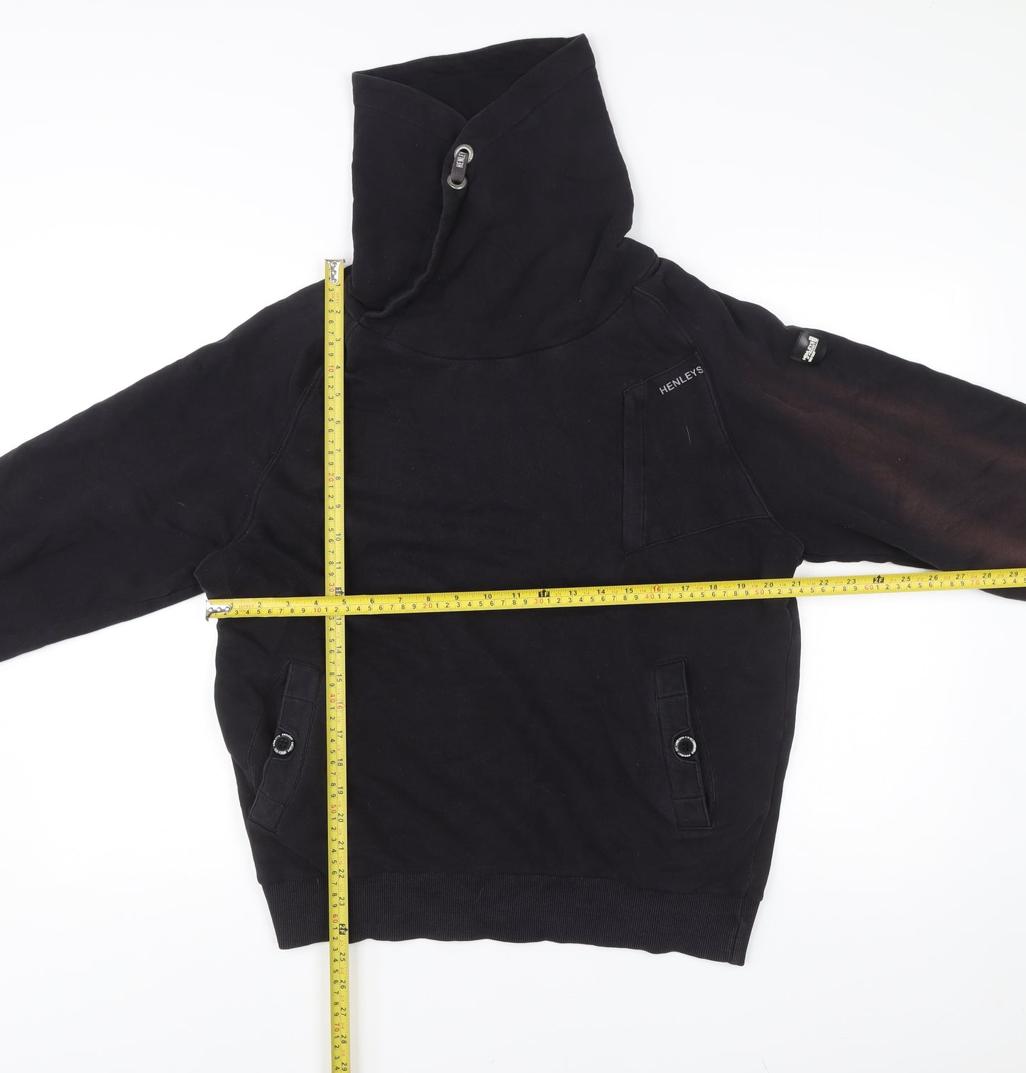 Henleys Men’s Black Pullover Hoodie Size L High Neck Logo Print
