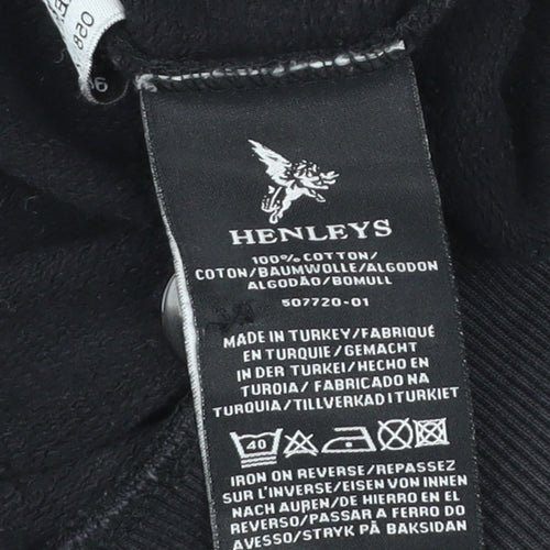 Henleys Men’s Black Pullover Hoodie Size L High Neck Logo Print