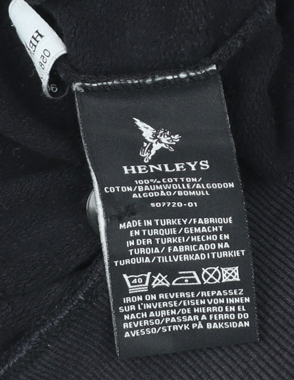 Henleys Men’s Black Pullover Hoodie Size L High Neck Logo Print