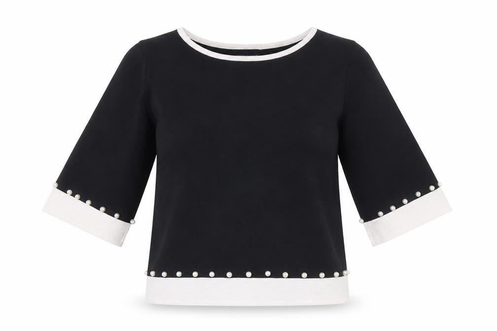 Front view of James Lakeland women’s black boat neck jumper s beaded trim