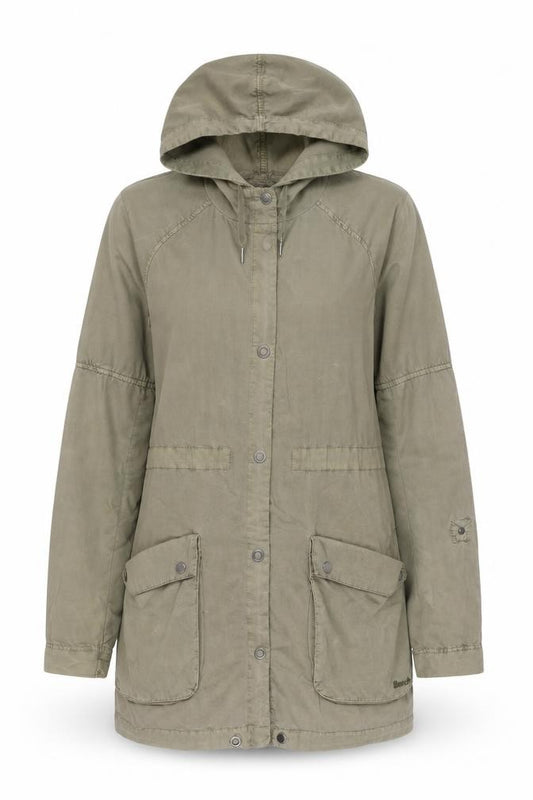 Front view of Bench women’s green cotton parka jacket, size S, hooded outdoor