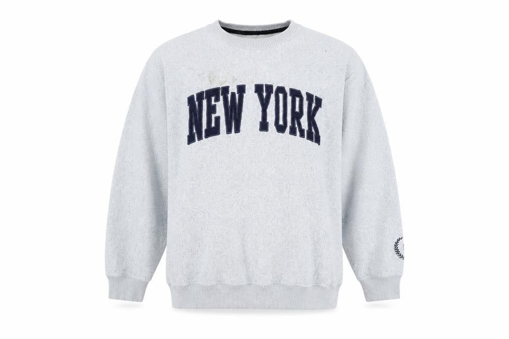 Front view of New York Popular men’s grey sweatshirt l crew neck pullover logo