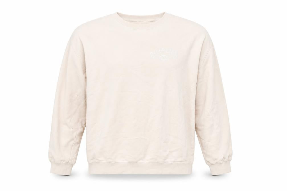 Front view of Billabong men’s beige crew neck sweatshirt, size S, graphic pullover