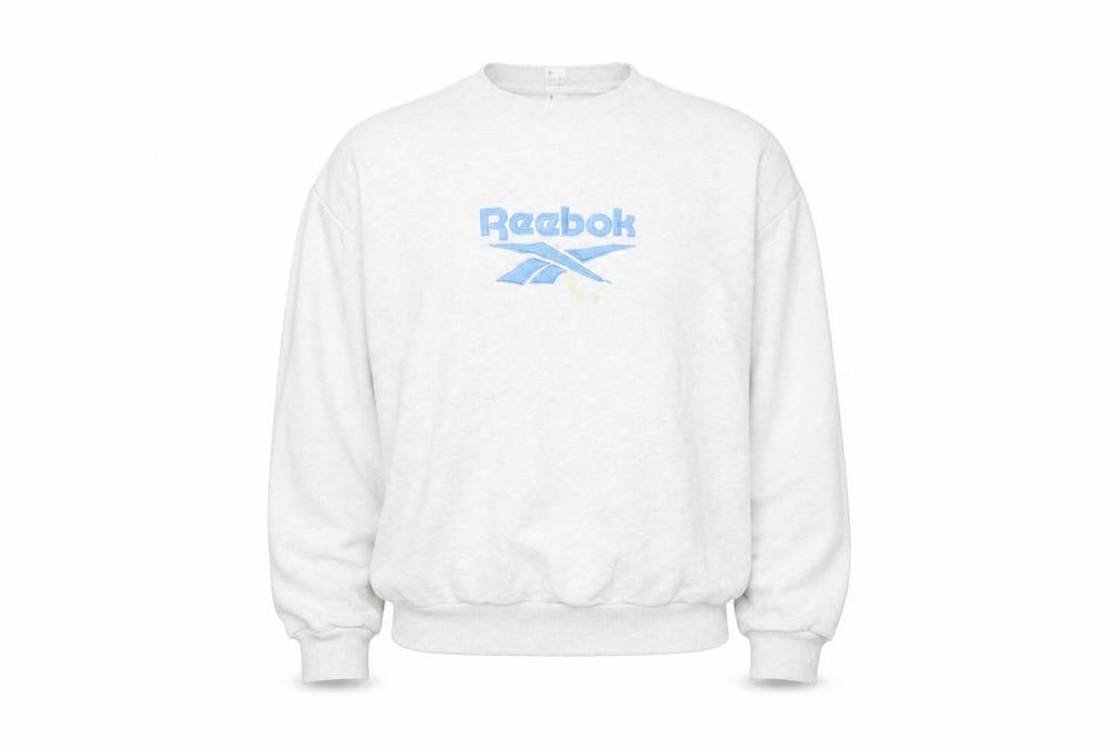 Front view of Reebok men’s grey sweatshirt pullover logo crew neck, size M