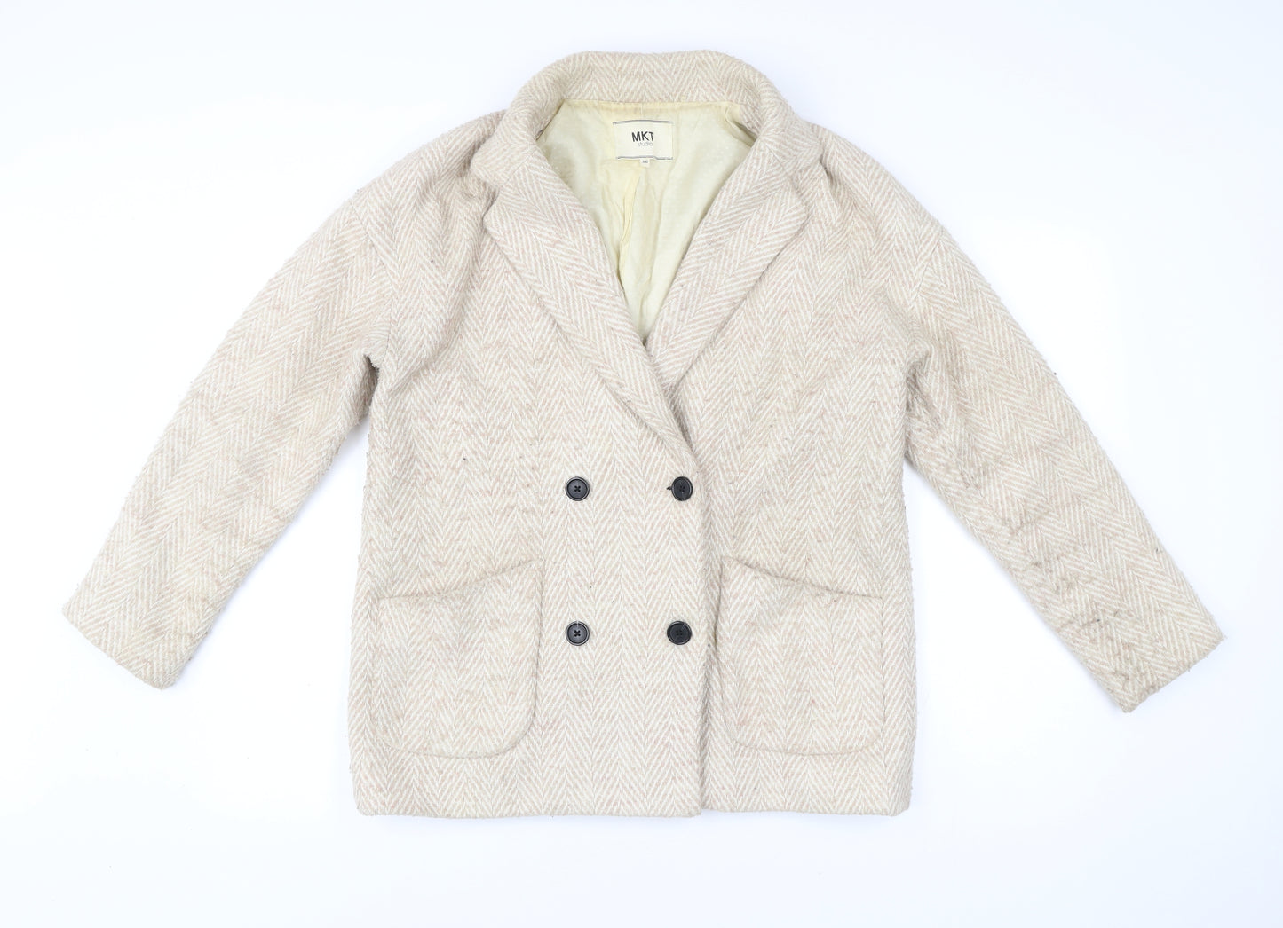 MKT Studio Unisex Beige Herringbone Blazer Jacket Wool Blend Size 36