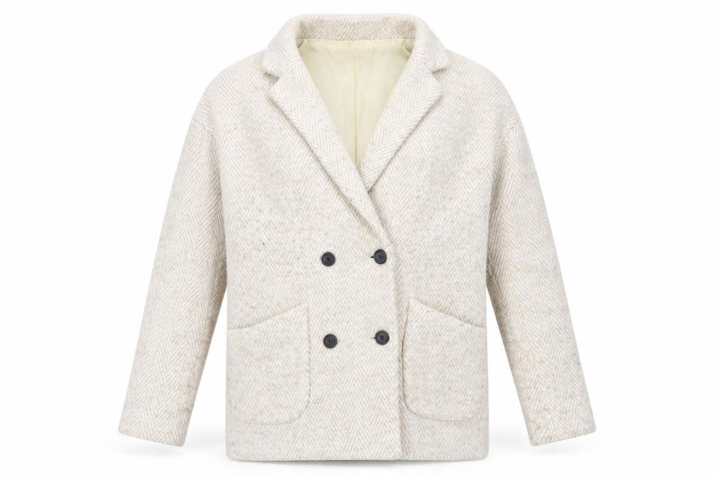 Front view of MKT Studio unisex beige herringbone blazer jacket wool blend, size 36