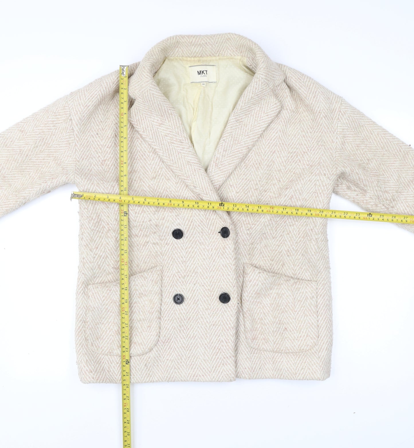 MKT Studio Unisex Beige Herringbone Blazer Jacket Wool Blend Size 36