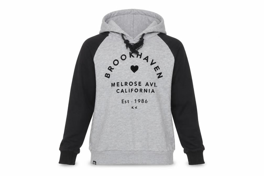 Front view of Brookhaven women’s grey black hoodie, size UK 10, pullover logo print