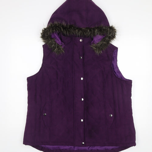 EWM Women’s Purple Quilted Waistcoat XL Hooded Fur Trim Sleeveless