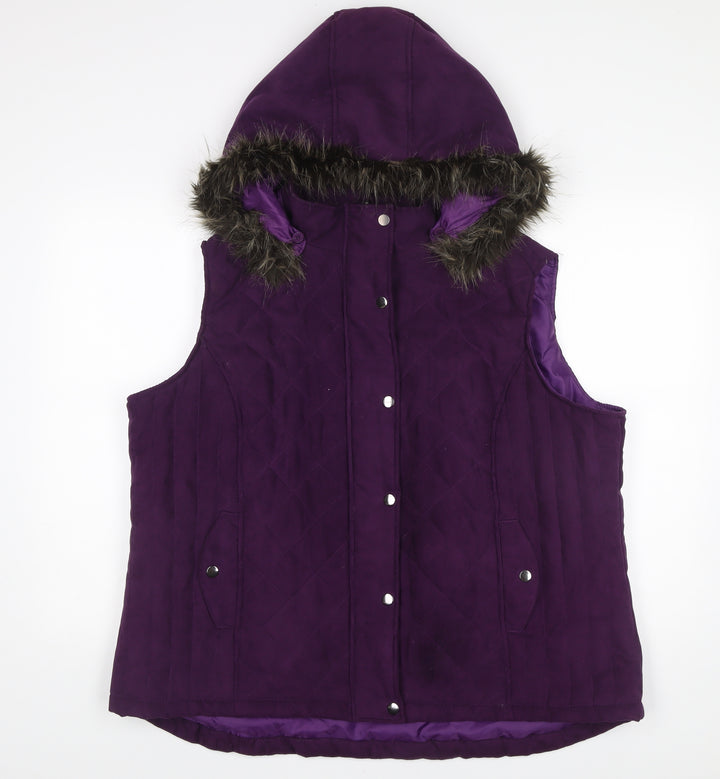 EWM Women’s Purple Quilted Waistcoat XL Hooded Fur Trim Sleeveless