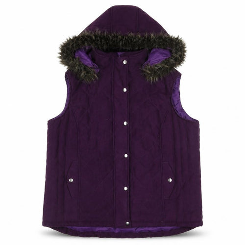 EWM Women’s Purple Quilted Waistcoat XL Hooded Fur Trim Sleeveless