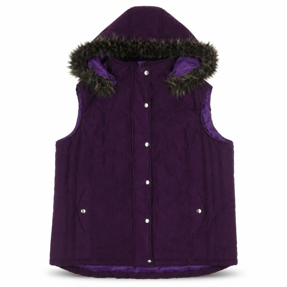 EWM Women’s Purple Quilted Waistcoat XL Hooded Fur Trim Sleeveless
