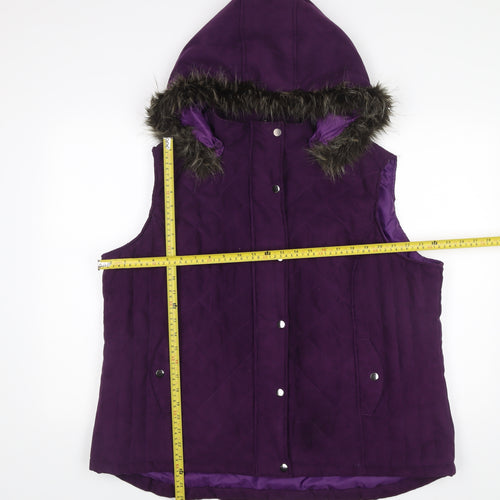 EWM Women’s Purple Quilted Waistcoat XL Hooded Fur Trim Sleeveless