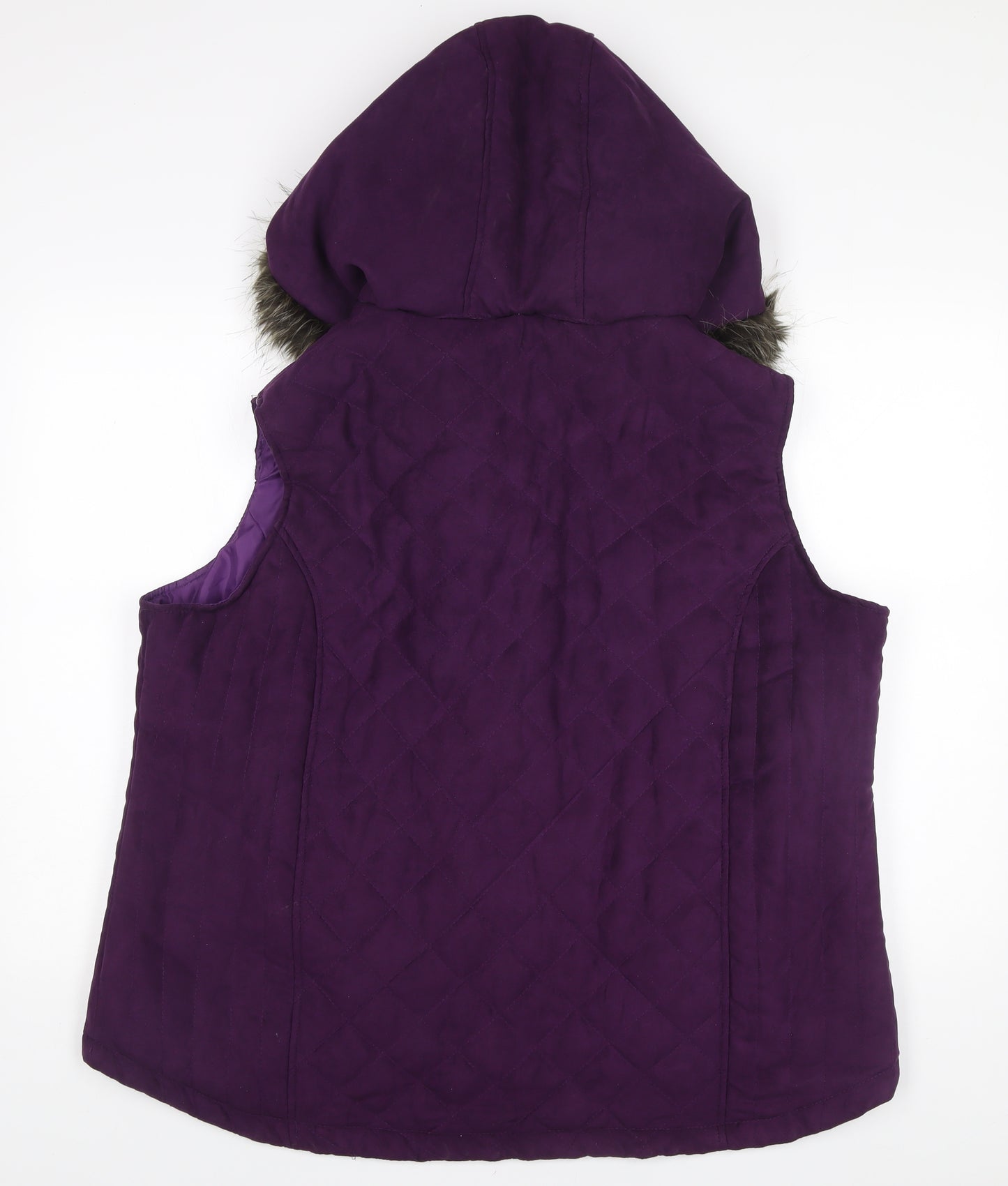 EWM Women’s Purple Quilted Waistcoat XL Hooded Fur Trim Sleeveless