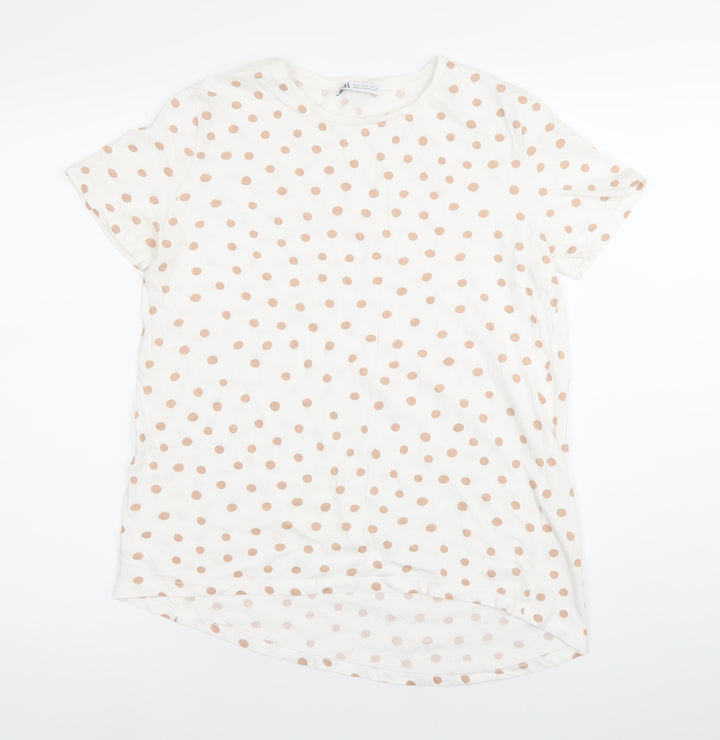 Zara Women White Polka Dot T-Shirt Size S Cotton Casual