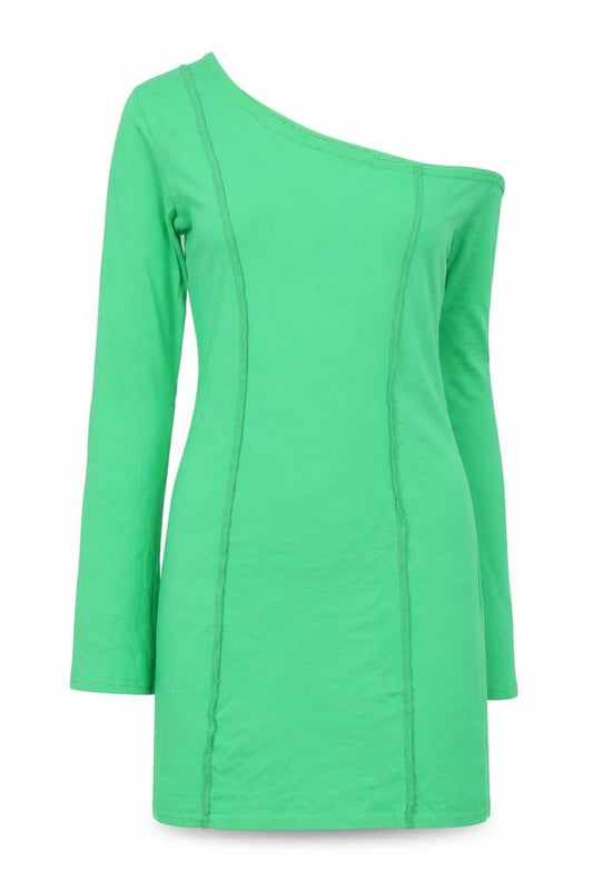 Front view of PRETTYLITTLETHING Women’s Green Bodycon Party Dress, size UK 8, One Shoulder