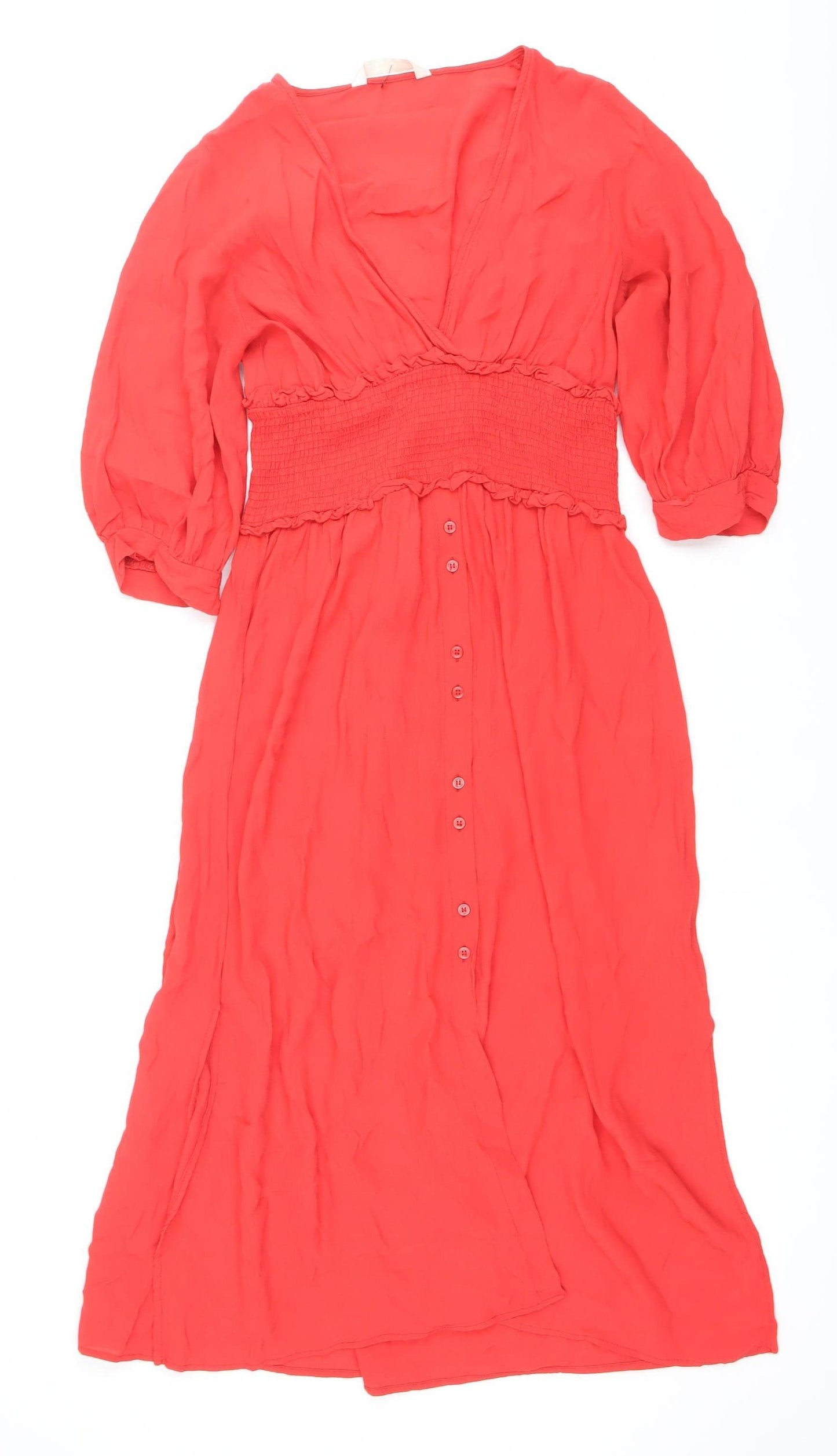 Zara Women Red XS Shirt Dress Knee Length 3/4 Sleeve Viscose