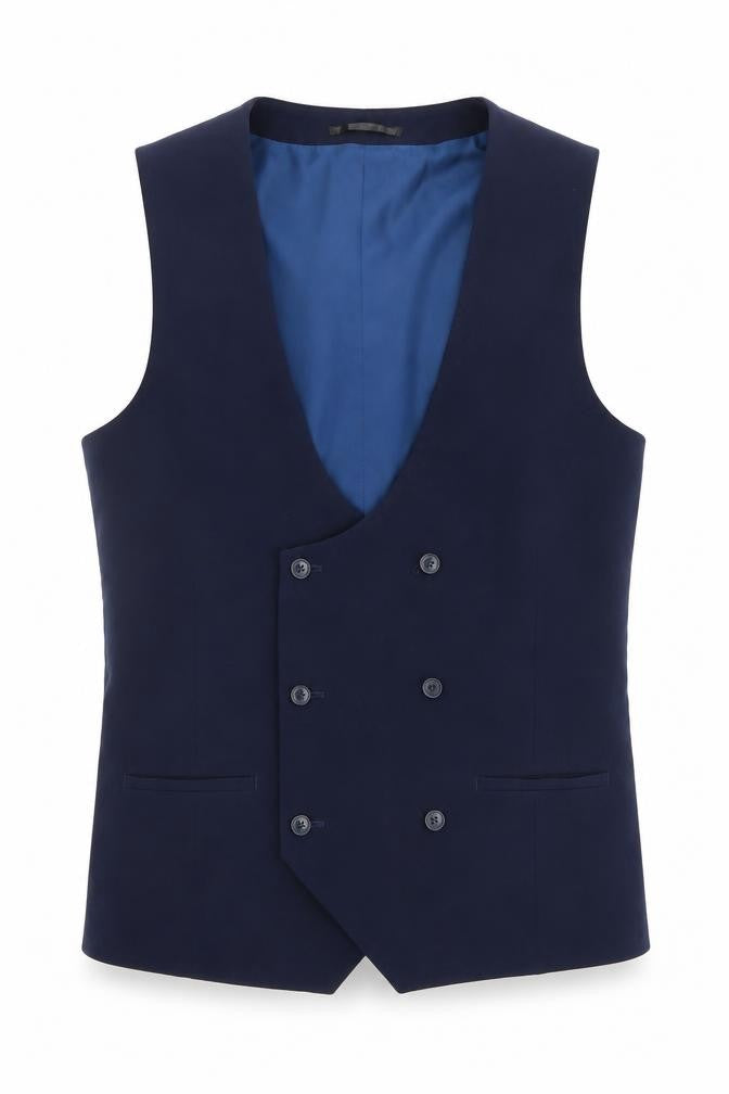 Front view of ONESIX5IVE5IVE Men's Blue Slim Fit Double-Breasted Waistcoat 36L