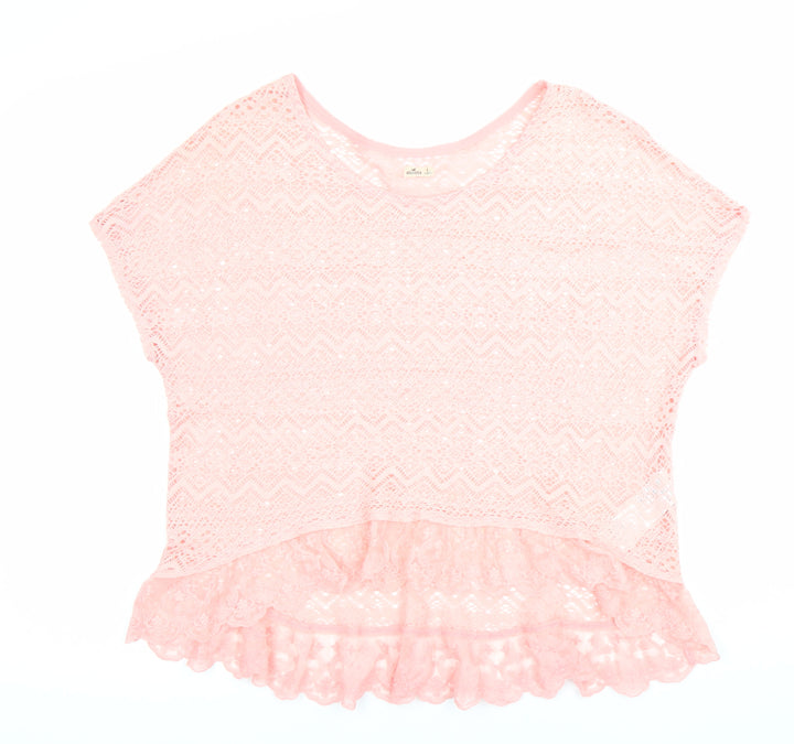 Hollister Women’s Pink Lace Tunic Blouse Size M Scoop Neck Ruffle Trim