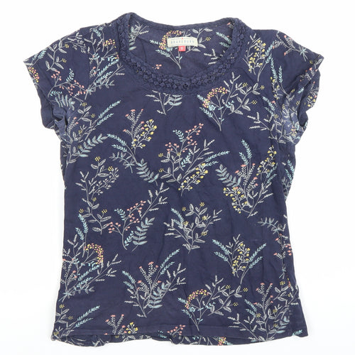 Brakeburn Womens Blue Floral Cotton Crochet Neck T-Shirt Size 10