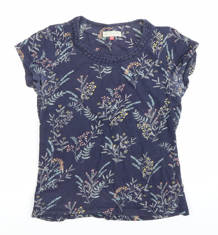 Brakeburn Womens Blue Floral Cotton Crochet Neck T-Shirt Size 10