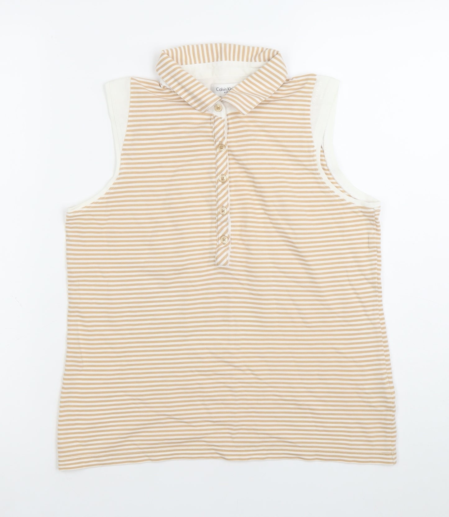 Calvin Klein Women’s Beige Striped Sleeveless Polo Shirt M