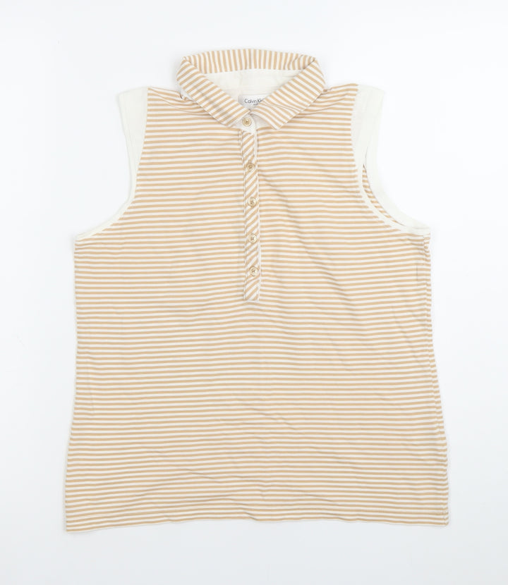 Calvin Klein Women’s Beige Striped Sleeveless Polo Shirt M