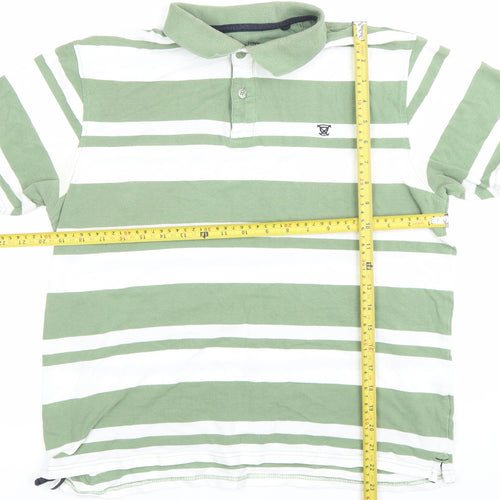 James Pringle Men's Green White Striped Cotton Polo Shirt Medium