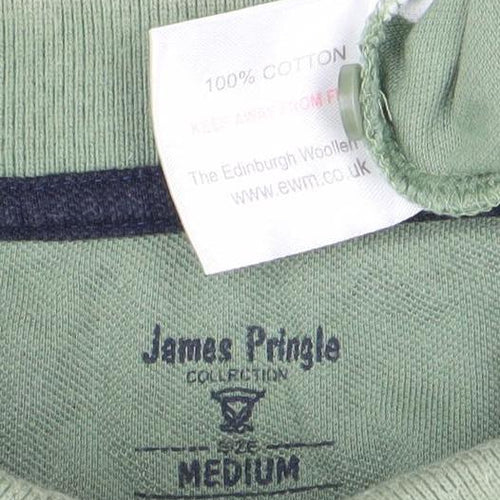 James Pringle Men's Green White Striped Cotton Polo Shirt Medium
