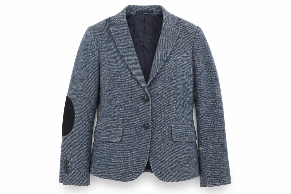 Front view of GANT women’s blue wool herringbone blazer jacket, size UK 8
