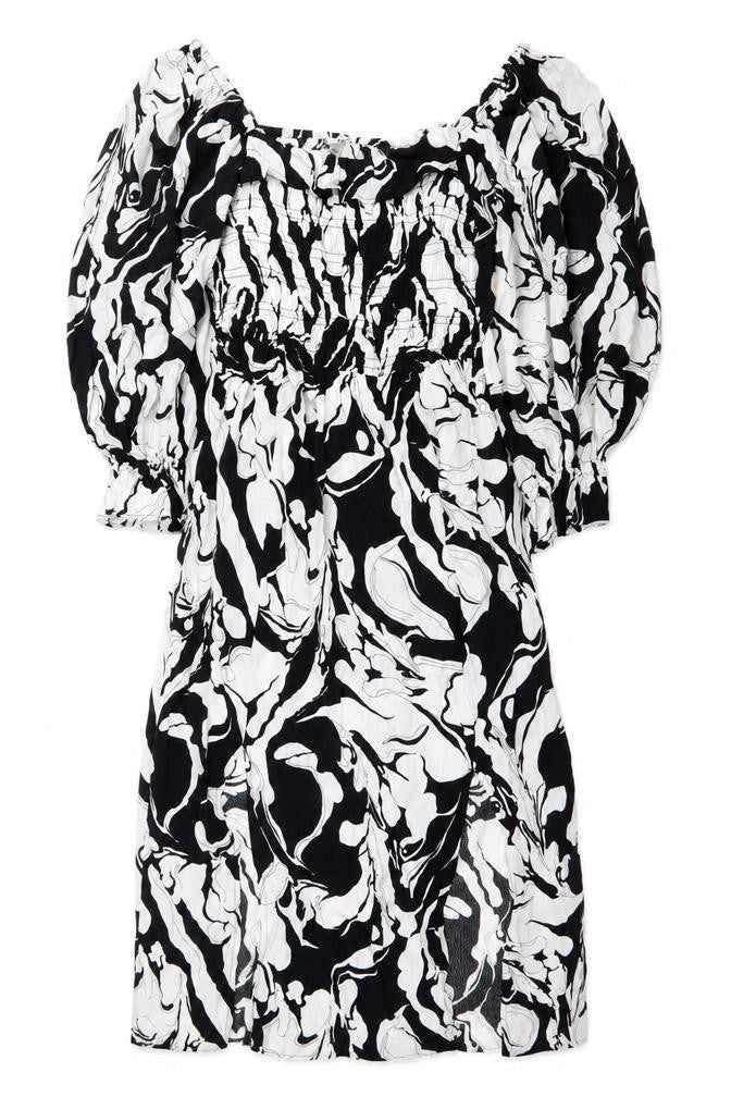 Front view of River Island Women’s Black White Abstract Ruched Mini Dress, size UK 8