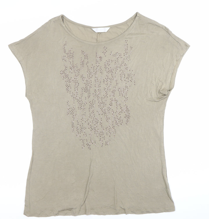 BHS Women’s Beige Studded Short Sleeve Viscose T-Shirt Size 14