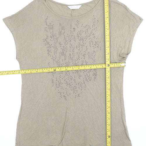 BHS Women’s Beige Studded Short Sleeve Viscose T-Shirt Size 14