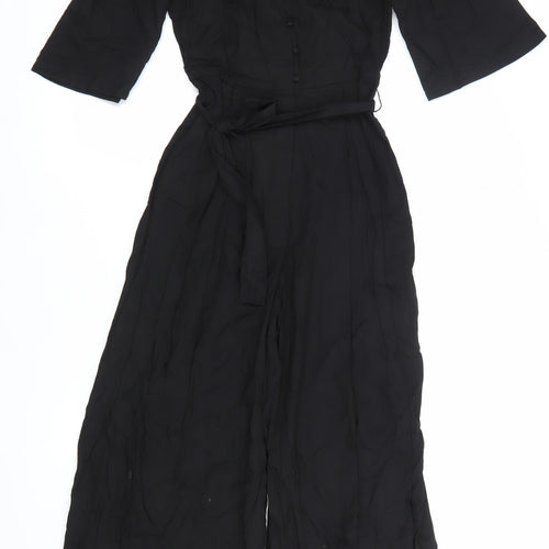 Monki Women’s Black Viscose Jumpsuit Size 8 Wide-Leg V-Neck