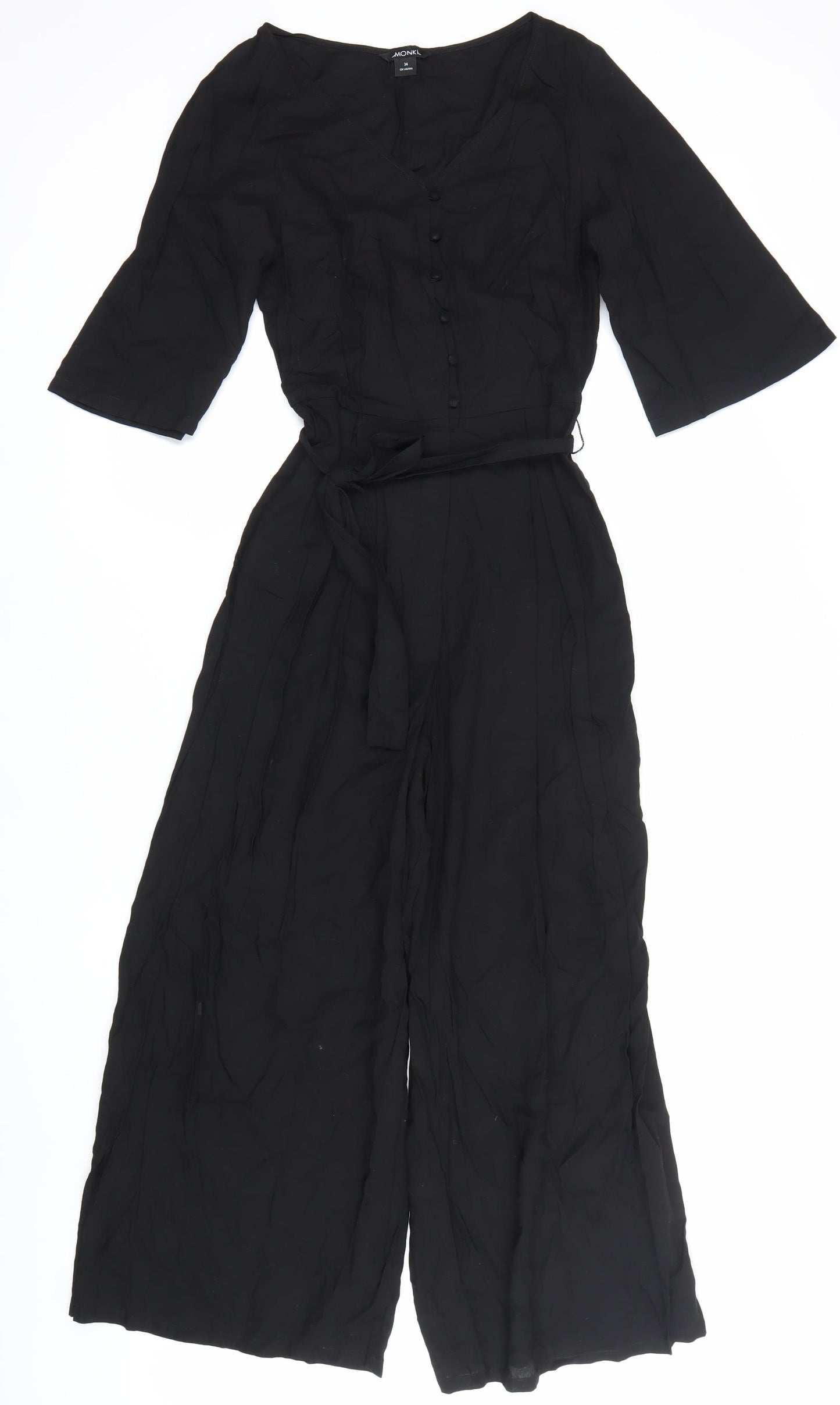 Monki Women’s Black Viscose Jumpsuit Size 8 Wide-Leg V-Neck