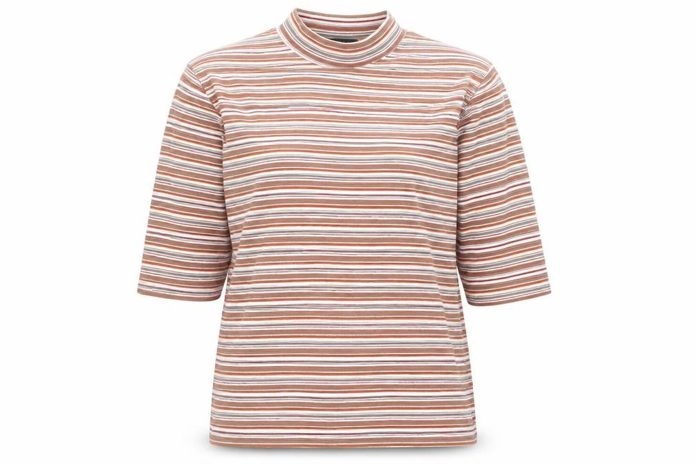 Front view of Alexon women’s multicoloured striped mock neck 3/4 sleeve top m