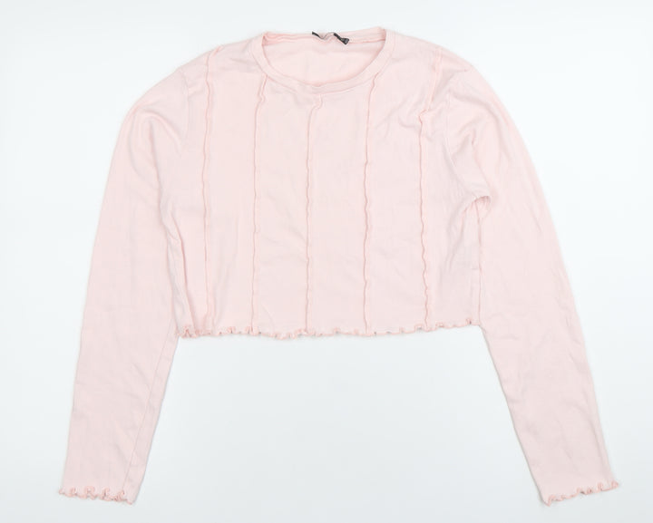 Nasty Gal Women Pink Cropped Long Sleeve Cotton T-Shirt Size 14