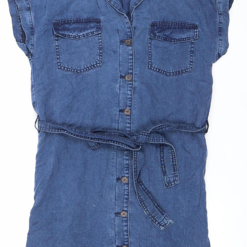 H&M Women’s Blue Shirt Dress UK 8 Short Sleeve Belted Casual Workwear