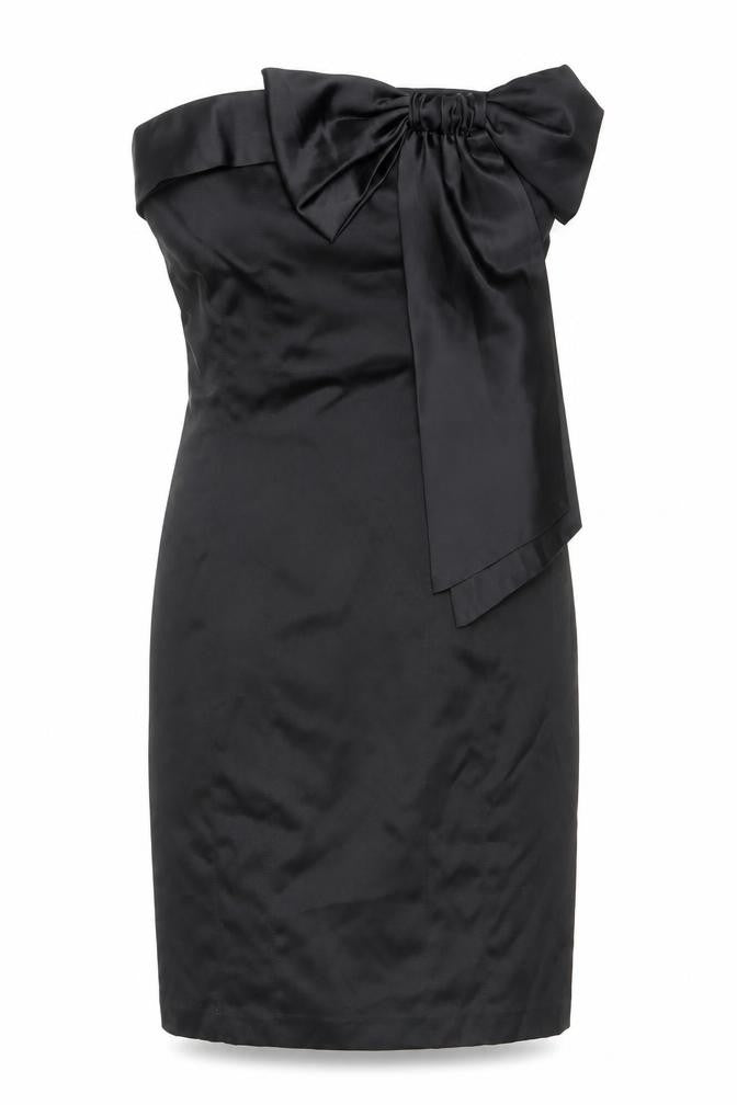 Front view of Atmosphere Women’s Black One Shoulder Bow Sheath Dress, size UK 12
