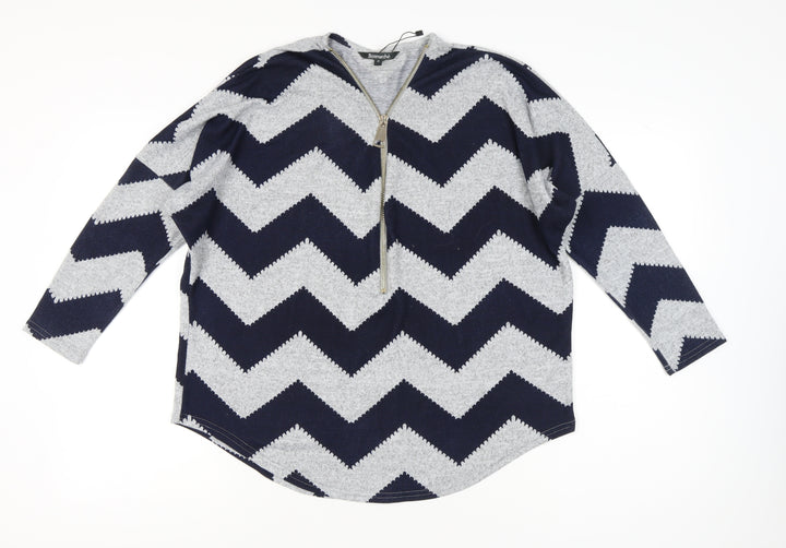 Bonmarché Women’s Grey Blue Geometric Zip Jumper Size M