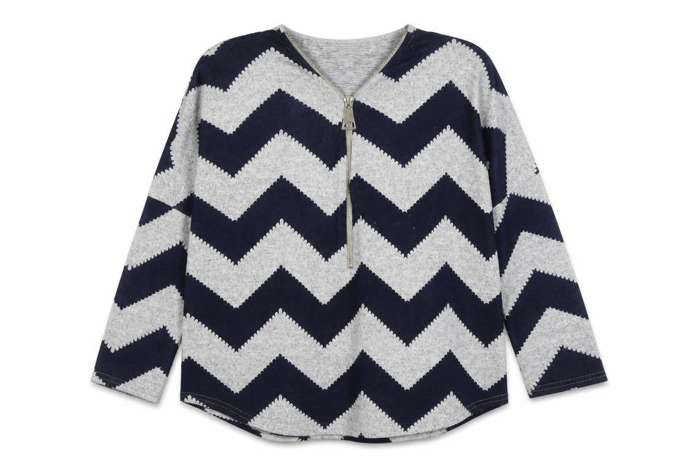 Front view of Bonmarché Women’s Grey Blue Geometric Zip Jumper, size M