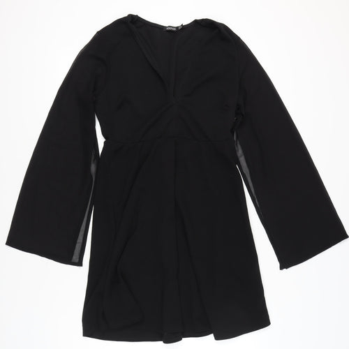 Boohoo Women Black Size 14 A-Line Short Long Sleeve V-Neck Dress