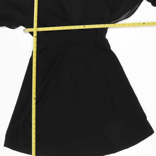Boohoo Women Black Size 14 A-Line Short Long Sleeve V-Neck Dress